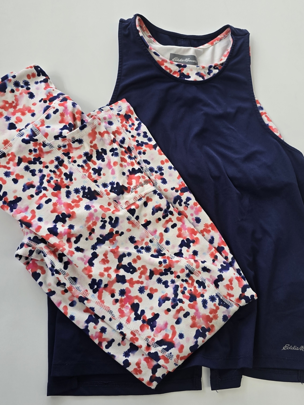 Eddie Bauer Navy Tank With Sports Bra Underneath & Speckle Leggings - Girls L 14